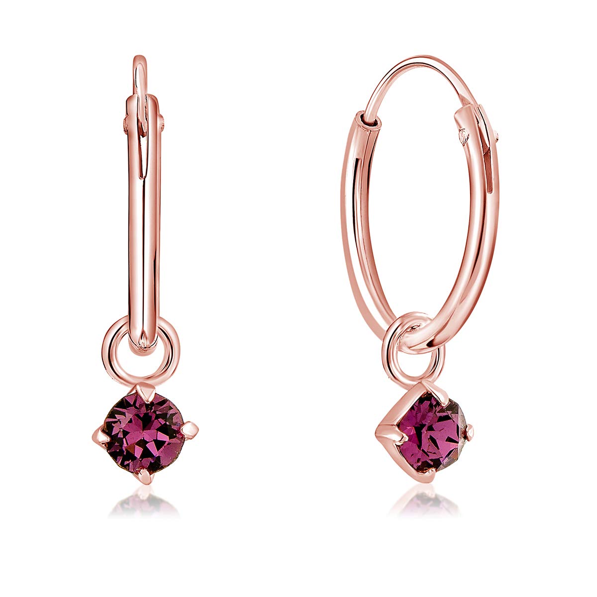 Rose Gold Hoop Earrings with Dangling Round Crystal - 925 Sterling Silver Earrings Gold Plated 18K with Amethist Crystals - Classic Elegant Hypoallergenic
