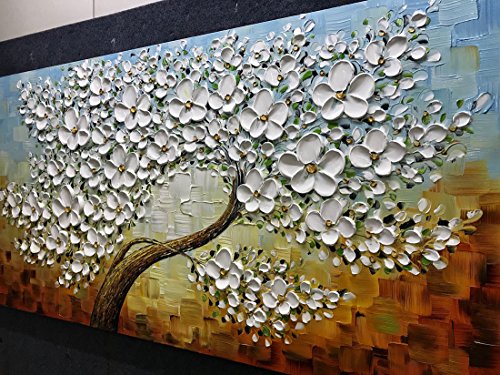 V-inspire Art, 24X48 Inch Oil Paintings on Canvas White Mapple Tree Flowers Art 100% Hand-Painted Abstract Artwork Floral Wall Art For livingroom Bedroom Dinning Room Decorative Pictures Home Decor