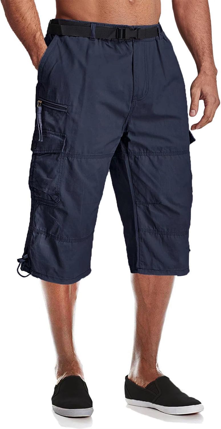 MAGCOMSEN Men's Cargo Shorts Cotton 3/4 Length Work Capri Long Short Below Knee Summer Casual Walking Breathable Pants with Pockets Navy,34