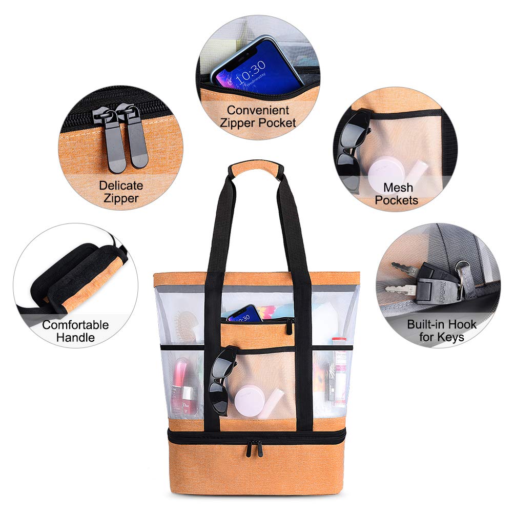 VBIGER Mesh Beach Tote Bag with Detachable Insulated Cooler Bag,Large Capacity Tote Bag Beach Gear Beach Essentials Bag Pool Bag for Women
