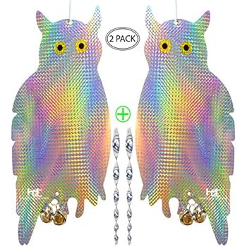 Owl Bird Scare Repellent Device by Homescape Creations - Holographic Reflective Woodpecker Deterrent With 12 inch Spiral Scare Rods & 2 Bonus Suction Cups / 2 Pack Combo