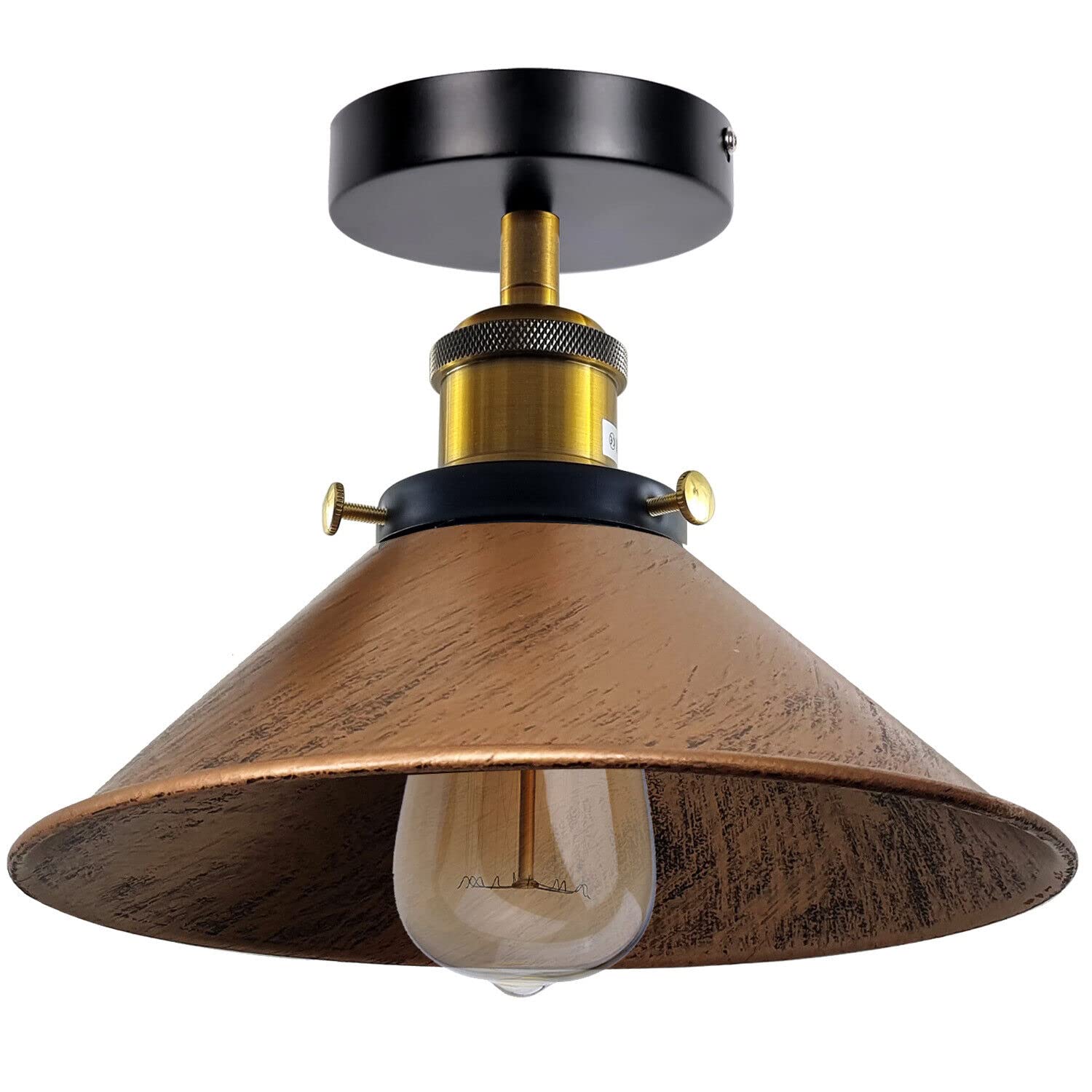 LEDSone Industrial Semi Flush Ceiling Light E27 Metal Conical Shade Ceiling Lamp for Hallway Bedroom Living Room Kitchen Easy Fit 22cm Brushed Copper with Bulb