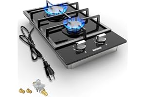 Karinear Gas Cooktop 2 Burner Propane Cooktop, 12 Inch LPG/NG Dual Fuel Gas Stove Top, Built-in Tempered Glass Gas Cooktop for Apartment, Indoor, RV