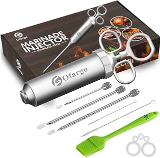 Ofargo Edelstahl Fleischspritze mit 3 Marinadeneinspritznadeln für Holzkohlegrills, 59 ml Fassungsvermögen, inklusive Bedienungsanleitung (evtl. nicht in deutscher Sprache)
