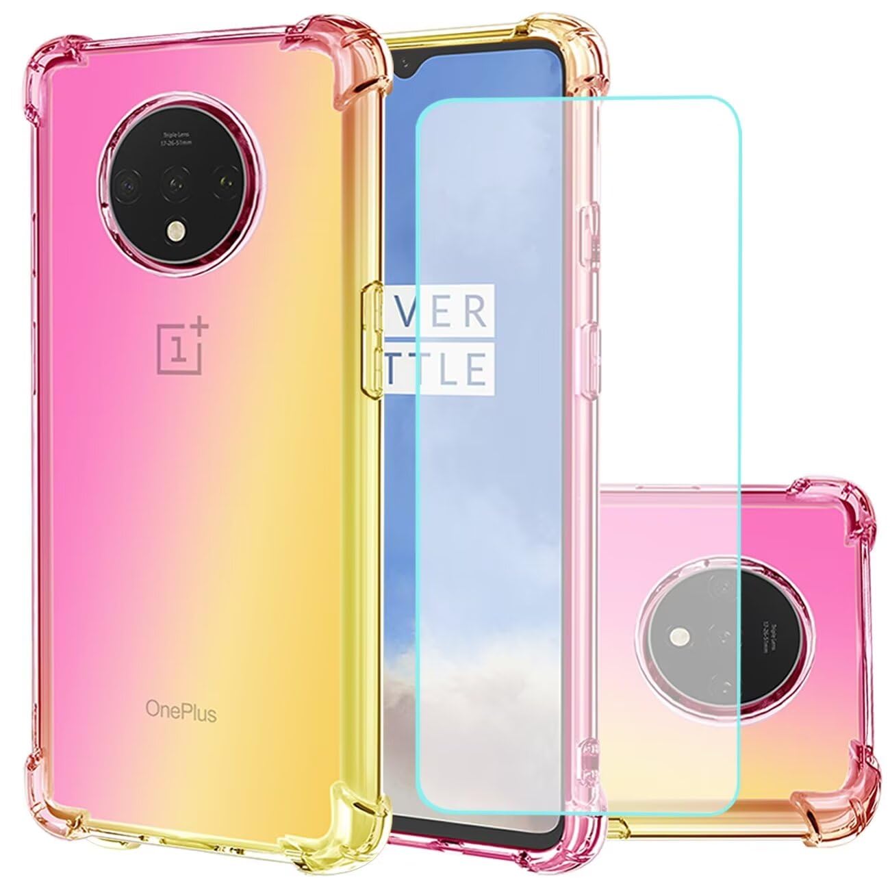 Jhxtech for OnePlus 7T Case with Tempered Glass Screen Protector, Clear Gradient Case Slim Anti Scratch TPU Cover Shockproof Protective Case for OnePlus 7T (Pink/Gold) — image 1
