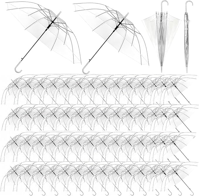 Photo 1 of 100/60/40 Pack Clear Wedding Umbrellas Bulk, Transparent Umbrella Wedding, Auto Open Windproof Stick Umbrellas, Large Canopy Umbrella with J-Hook Handle for Outdoor Wedding Bride Groom Photography Graduation Prom Golf (100)