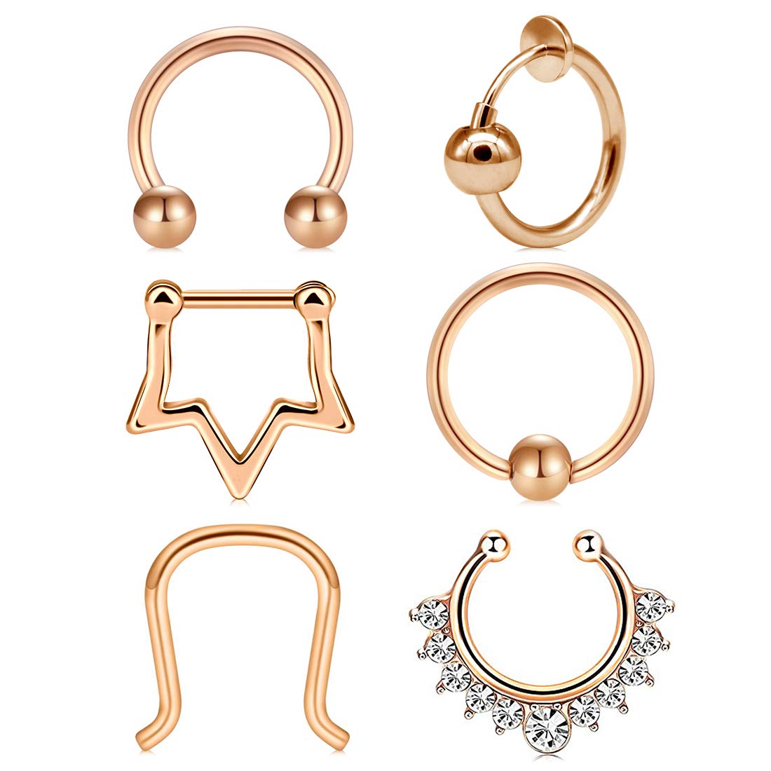 Septum Clicker Rings 16G Stainless Steel Nose Hoop Rings Clear CZ Women Men Lip Rings Daith Helix Tragus Cartilage Earrings 6 Pieces - Rose gold