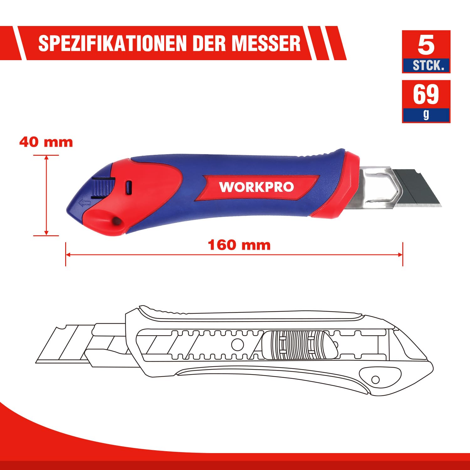 WORKPRO 5 Stück Cuttermesser Set 18mm mit 20 Ersatzklingen aus SK5, Profi Cuttermesser Abbrechklinge Kartonmesser, Mehrzweck Messer Allzweckmesser mit Gummigriff, Schneiden zum Papier, Karton 6
