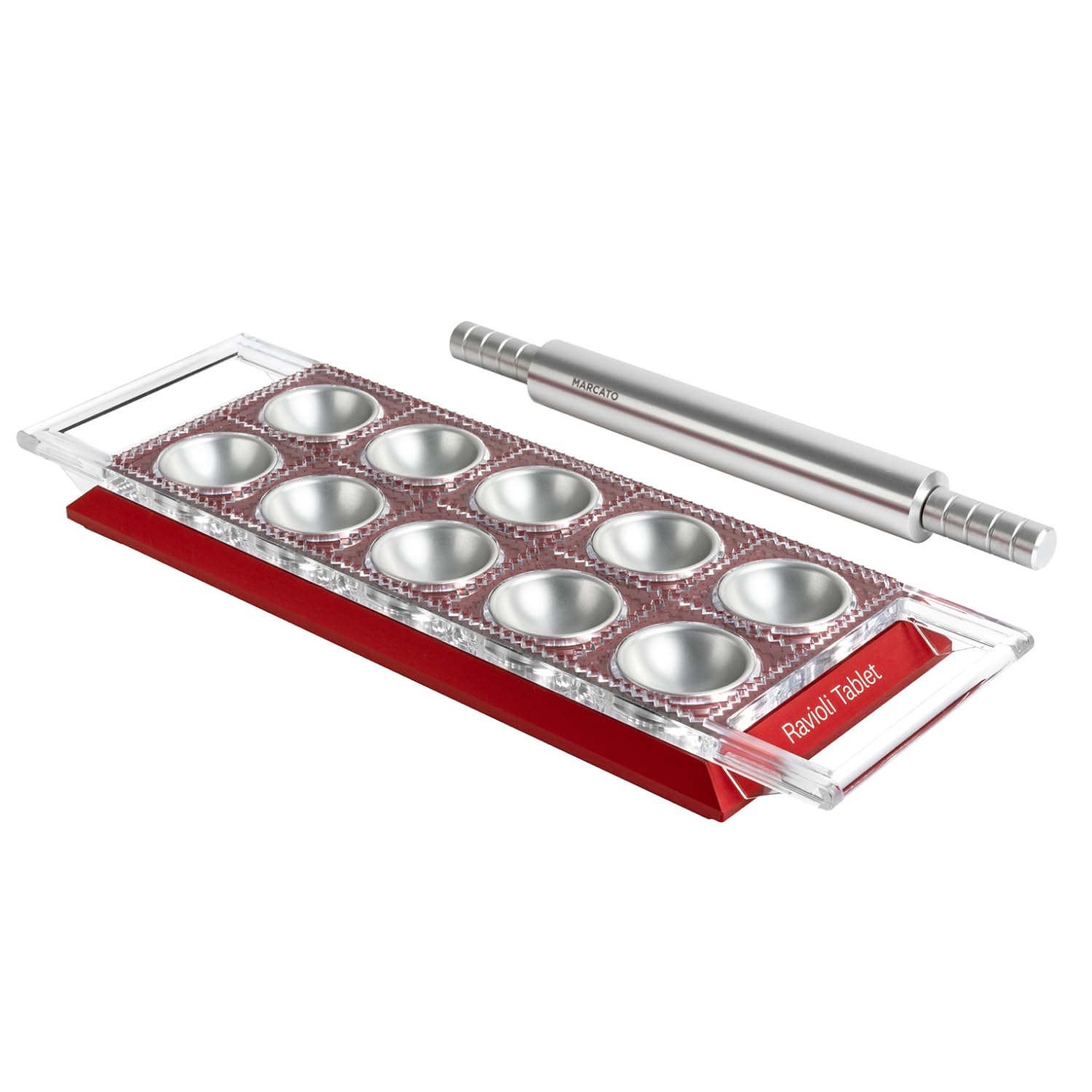 Marcato Ravioli Maker Press, Ravioli Machine, Homemade Ravioli Cutter, 50mm Square Cut, Aluminum Rolling Pin Included, Made in Italy. Model: Ravioli Tablet, Red