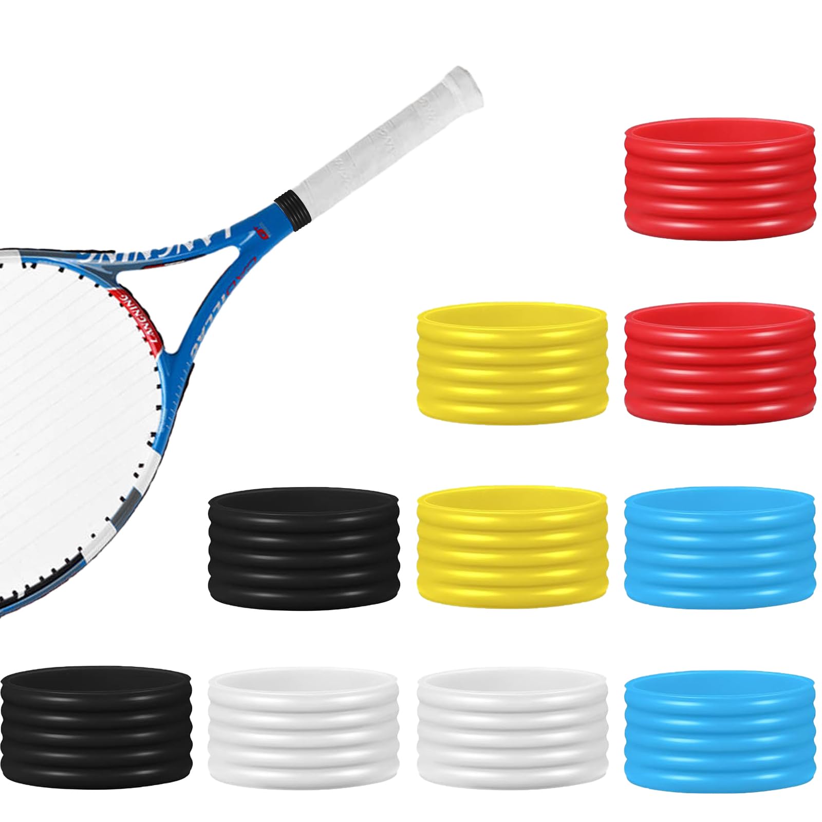 Huakaile 10 Pcs Tennis Grip Band, Silicone Racket Sealing Rings, Non-Slip Racquet Handle Finishing Ring, Overgrip Protector Fix Ring for Pickleball Paddle Badminton Squash Racquet (5 Colors)