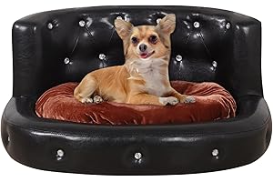 YOONNIE ROOM Dog Sofas and Chairs with PU Leather, Wooden Frame Cat Sofa Chair,Dog Bed with Soft Velvet Cushion,Crystal Button Pet Sofa for 45 Pounds Pet Using,Black