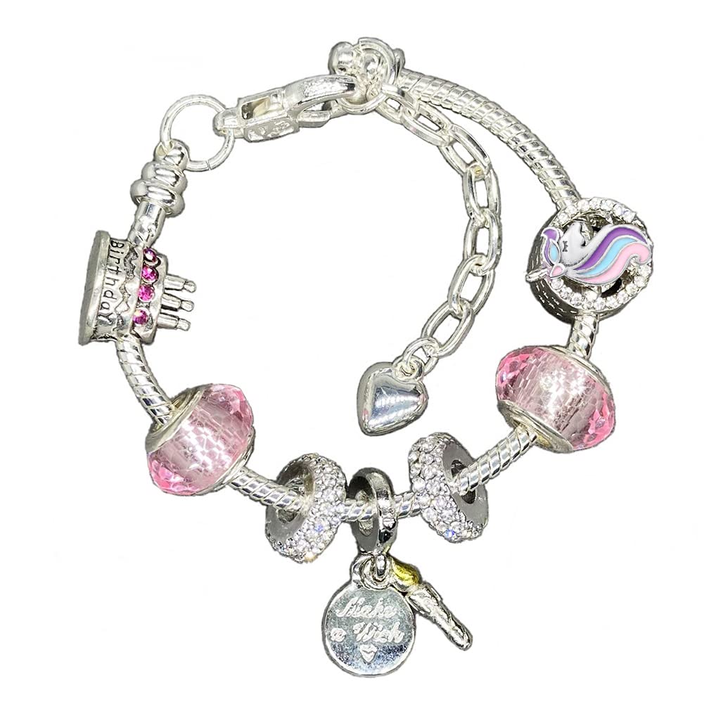 Rayroger Girls Magical Unicorn Bracelet, Sparkly Pink Crystal Beads Birthday Cake Charm Wish Candel Pendant for Kids Birthday Gift Chirldren Jewellery