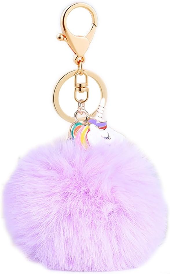 Mwfus Sweet Women Girls Unicorn Faux Fur Pompom Ball Key Chain Charms Keyring Key Holder