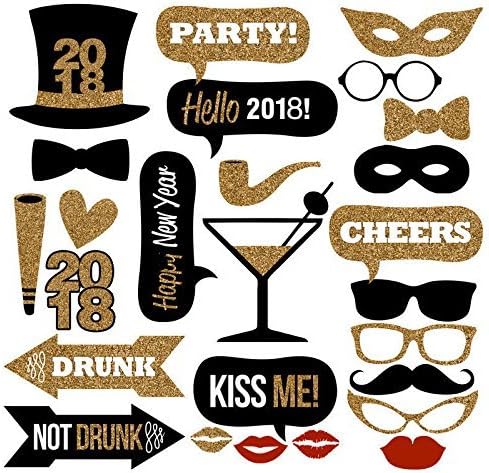 iBuy365 2018 gold HAPPY New Years Eve Party Photo Booth Props 26pcs DIY Kit Photobooth Prop Card Masks Mustache Hat Red Lips Glasses Decoration