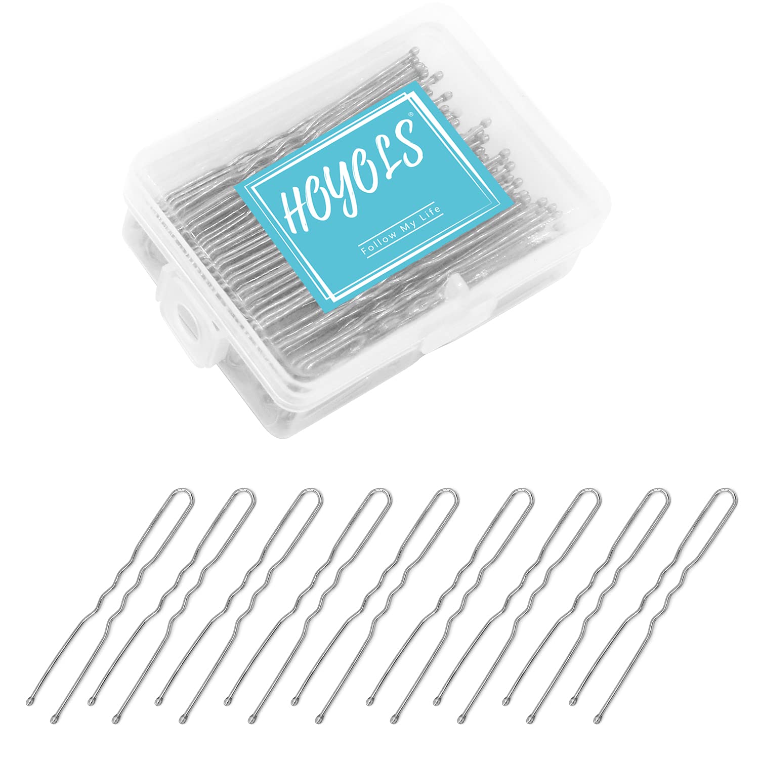 HOYOLS U Shaped Hair Bobby Pins, Metal Curved Curly Waved Bun Clips for Women Girls Grips Updo Thin Thick Hair 100 Count 2.4 Inches (Silver)