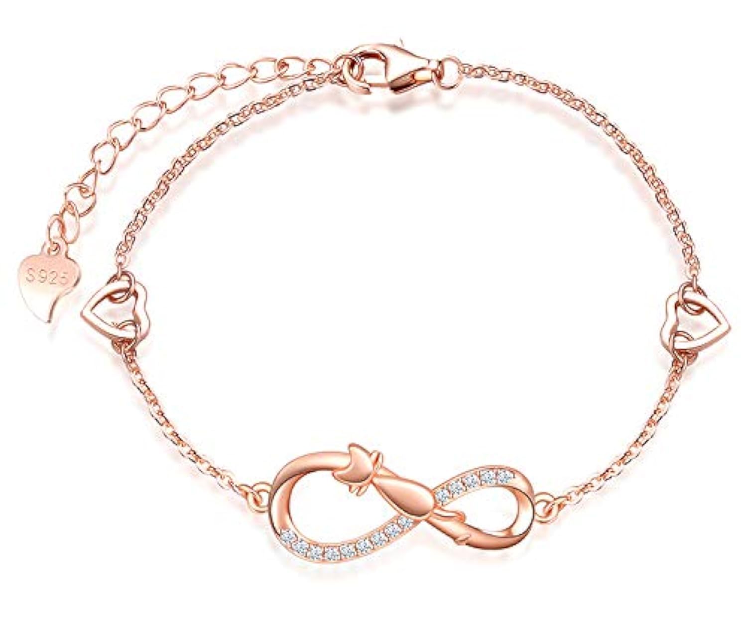 MicLee Woman's girl's Bracelet, 925 Sterling Silver bracelet, Cute cat and infinity symbol bracelet, with mini hollow heart, Inlaid zircon, adjustable chain, design of animal bracelet