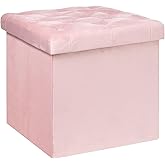 B FSOBEIIALEO Storage Ottoman Cube, Velvet Tufted Folding Ottomans with Lid, Footstool Rest Padded Seat for Bedroom (Pink, Medium)
