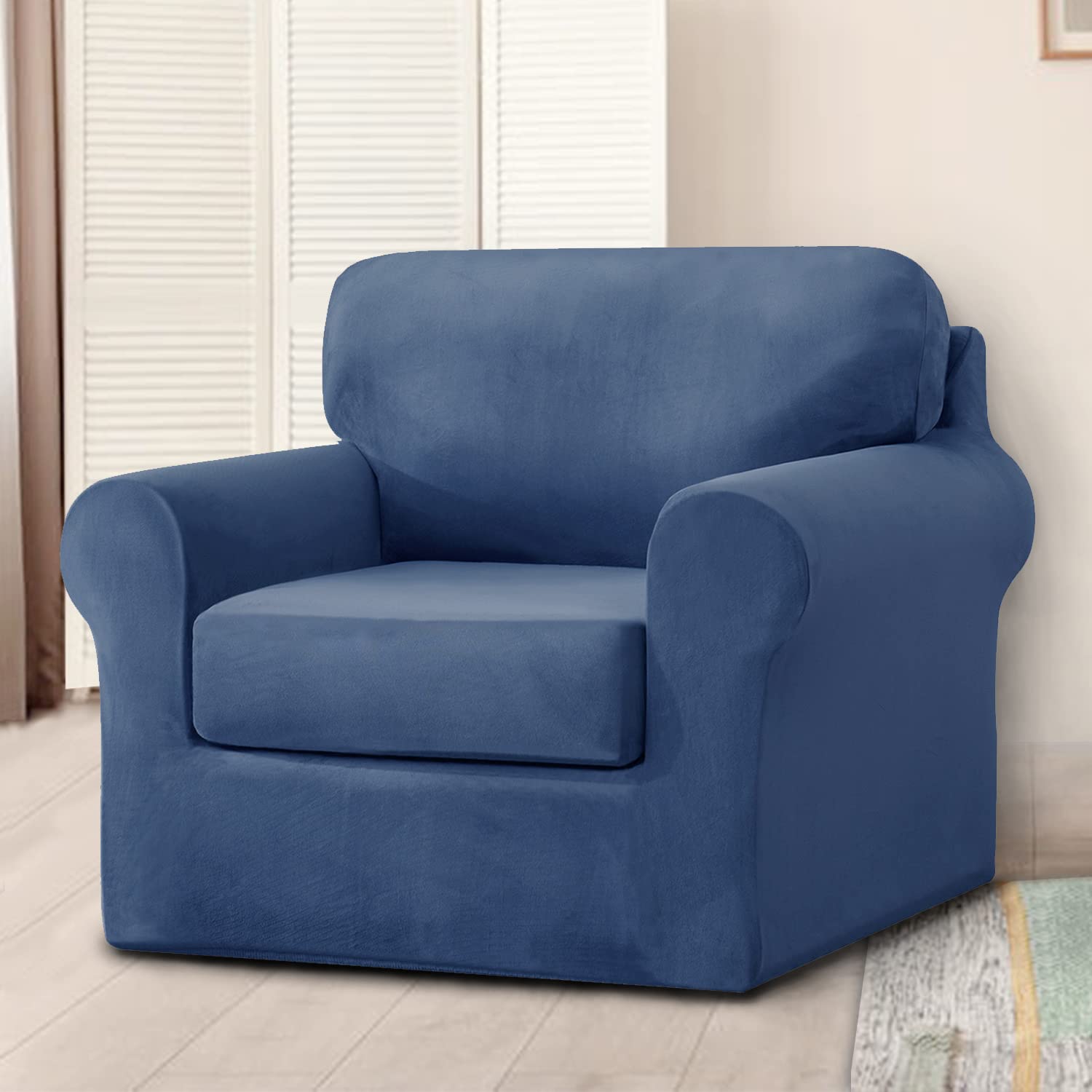 OKYUK Stretch Velvet Sofa Cover,Slipcovers for Sofas with Separate Cushions and Backrests Covers, with Elastic Adjustment Band Slipcover (Blue, 1 Seater-3Pieces)