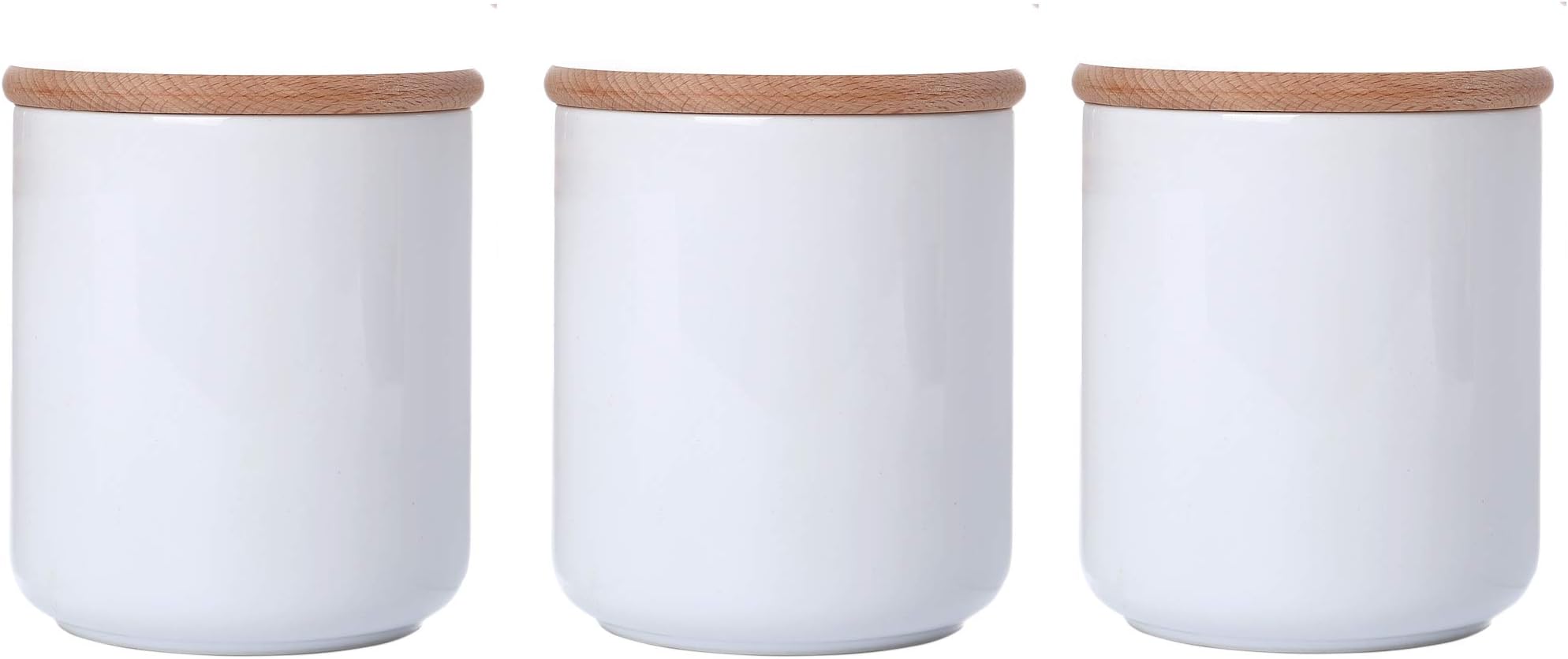 White Ceramic Jars With Lid Ceramic Kitchen Canisters Food Storage Containers With Airtight Wood Lids Salt Sugar Weed Tea Coffee Storage Jars 18.6 Floz Set of 3