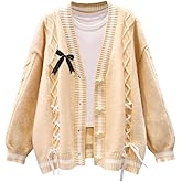 FindThy Women’s Cute Sweet Cardigan Sweater Kawaii Love Button Long Sleeve V-Neck Bowknot Knitted Outerwear