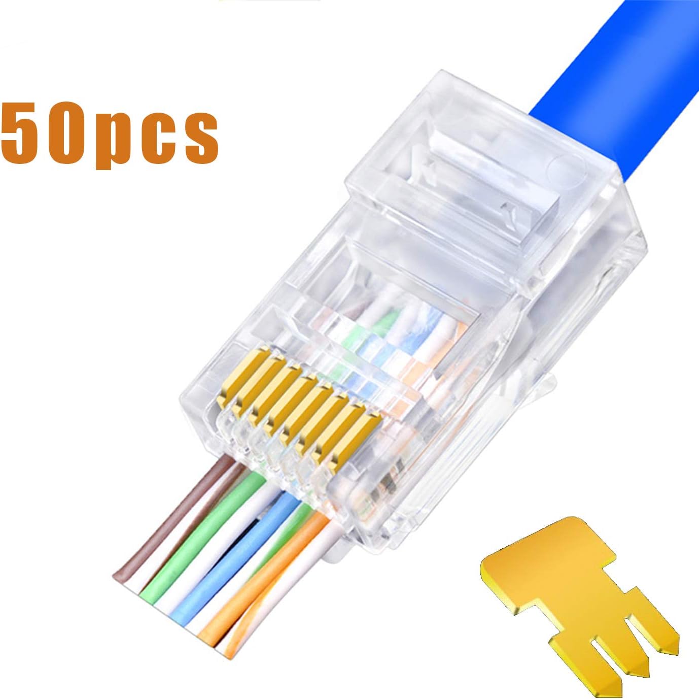 RJ45 CAT5 CAT5E Connectors for Solid or Stranded UTP Cable - Pass Through RJ45 Ends Gold Plated 3 Prong 8P8C Ethernet Ends (CAT5 CAT5E/50pcs)