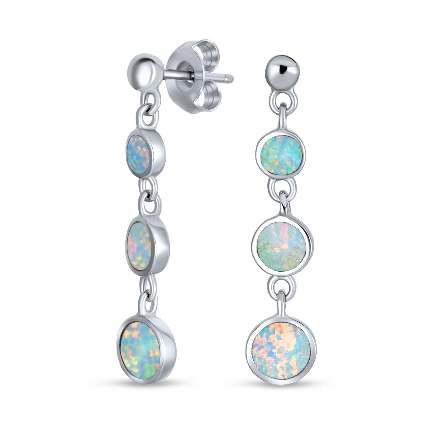 Geometric Gemstone 3 Bezel Round Disc Linear White Circle Opal Dangle Earrings For Women Teens .925 Sterling Silver