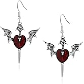 Watforsh Silver Bat Earrings for Women Gothic Dark Red Heart Dangle dagger Earrings Vintage Y2k style for Goth Jewelry