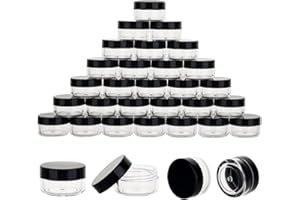 HPPFFY 50 Count 5 Gram Sample Containers, Clear Lip Balm Containers with Lids, Small Plastic Sample Jars with 4 Mini Spoons, 50pcs Labels (Black Lid)