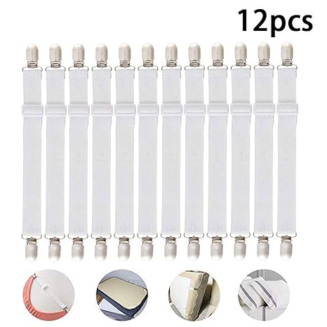 Wanxida 12 Stück Bettlakenspanner, Verstellbare Elastische Bettlakenspanner Lakenspanner mit Metallclips, Ideal für Bettlaken