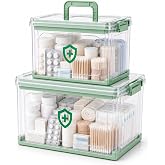 Lolytama Medicine Box,2 Pack Medicine Storage Box with Large Capacity Layered Storage,Portable Handle and Green Organizer Case for First Aid Box Empty for Home &amp; Travel