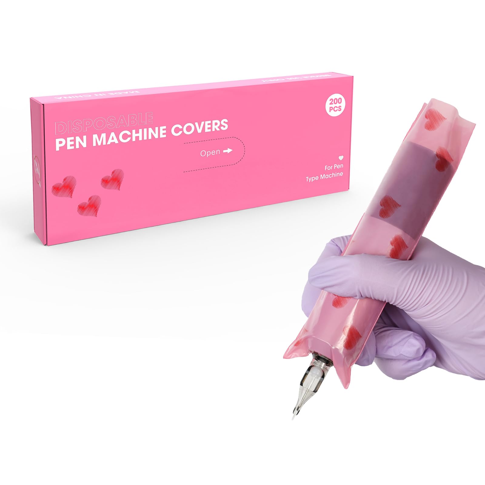 EZ Tattoo Machine Covers - 200pcs (2 inch X 6.4 inch) Pink Heart Print Disposable Tattoo Pen Bags Sleeves for Gun