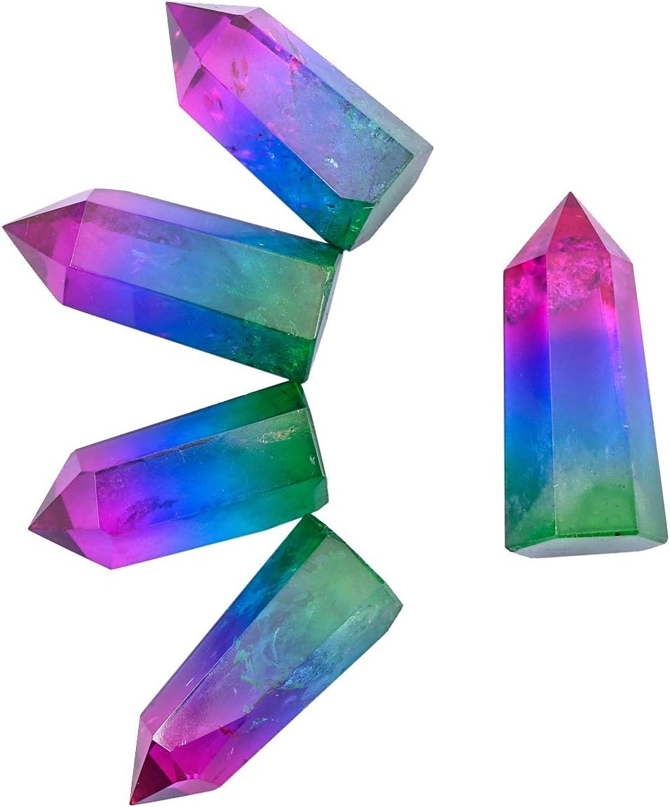 rockcloud Rock Quarz Crystal Stone Electroplated Healing Crystal Wand Point 6 Faceted Prism Faceted Prism Wand Carved Reiki Stone Figurine: Home & Kitchen