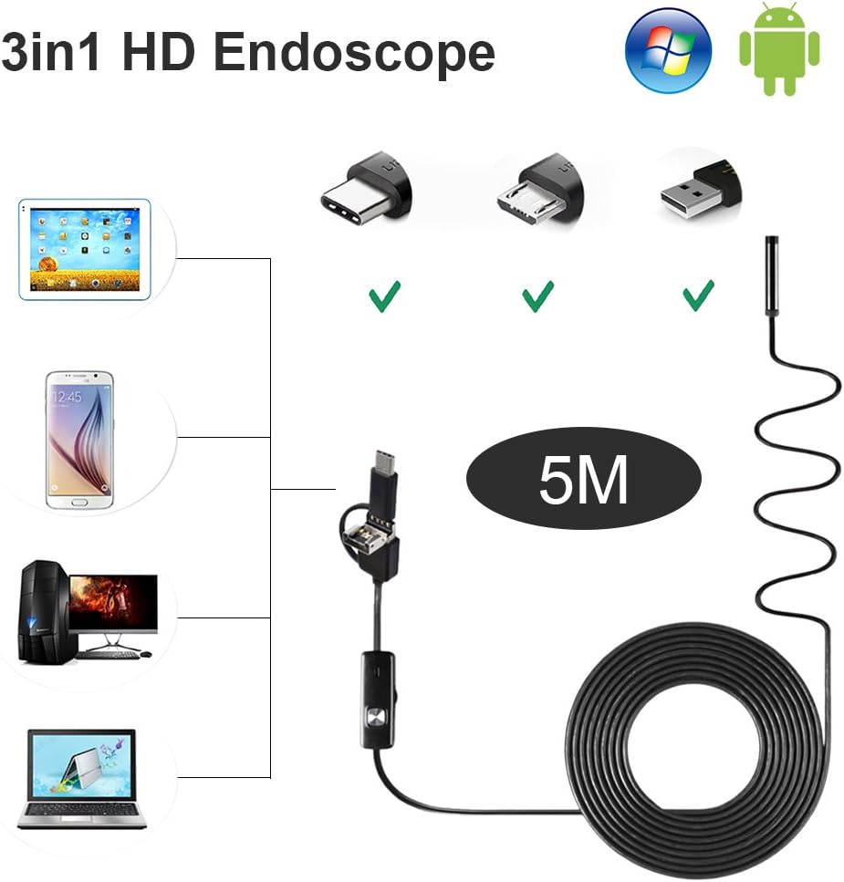 USB Endoscope 3 in 1 USB-C Type-C Inspection Camera 1200P HD Scope Borescope Semi-Rigid Snake Camera IP68 Waterproof with 8 Adjustable Led Lights for Android Phone Tablet,PC- 5M/16.4FT