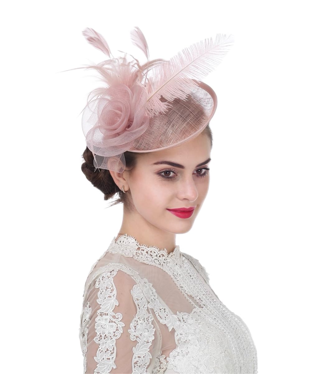 Haojing Sinamay Flower Feather Headband Fascinator Wedding Headwear Ladies Race Royal Ascot Pillbox Wedding Cocktail Tea Party Derby Hat for Women (A4-Light Pink)