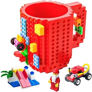 BOMENNE Build-on Brick Mug,Creative DIY Block Buddy Cup With 3 Packs Of Blocks Randomly,Novelty Fun Mug Compatible with Lego,Unique Coffee Mug for Kids and Adults,Red