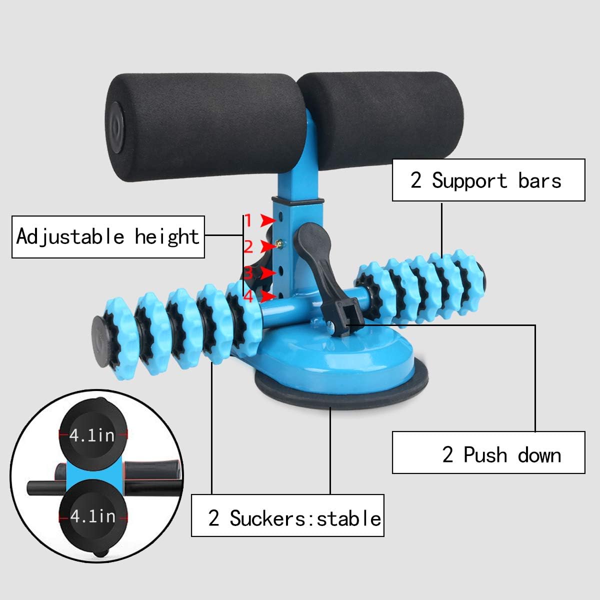Natwind Portable Sit-up Assistant Equipment Bar for Floor Upgraded Double Suction Cup and Rod with 4 Adjustable Heights Abdominal Muscle Fitness Device for Home Travel (Blue) : Sports & Outdoors