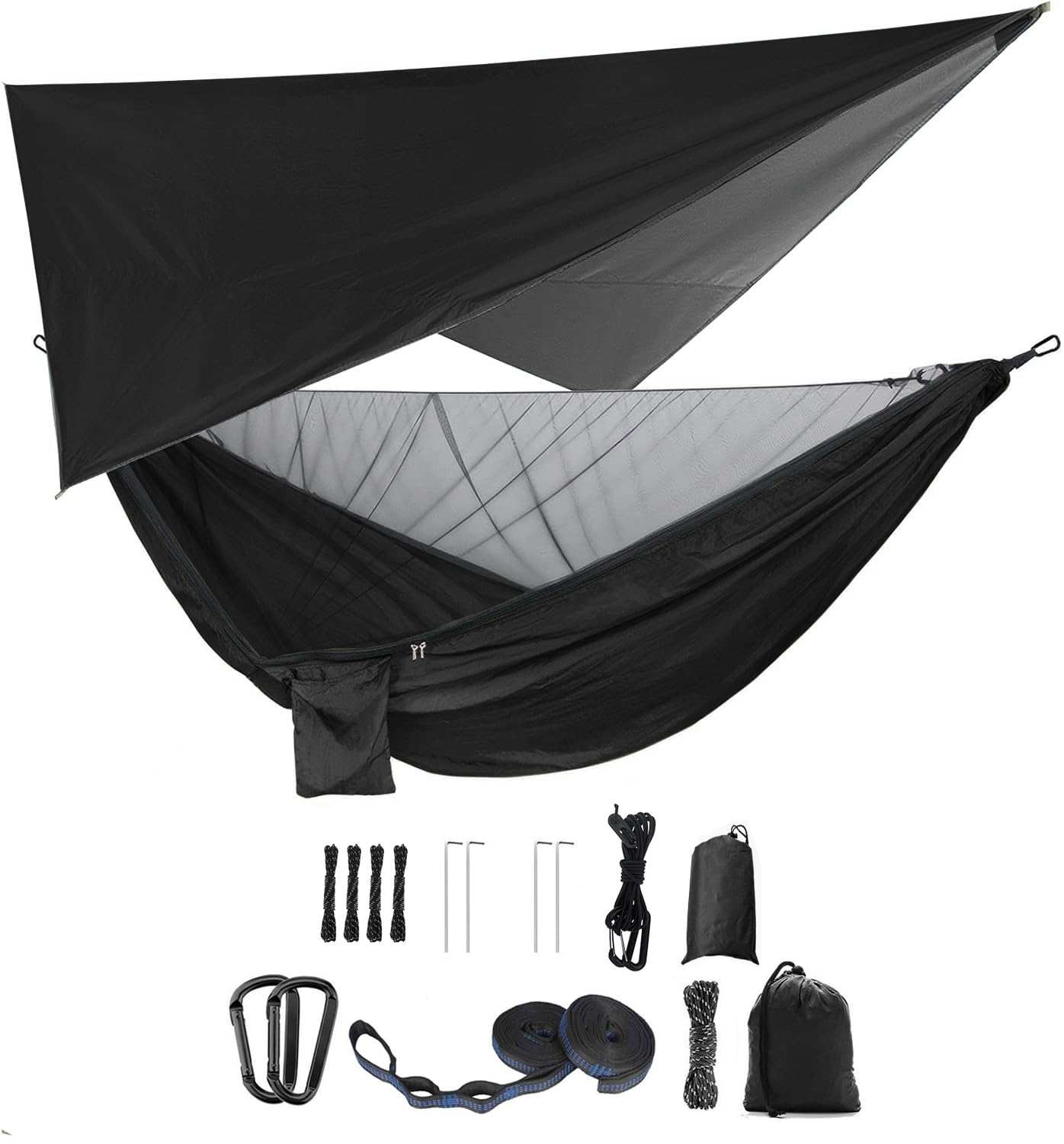 Camping Hammock Set, Single Double Hammock, Mosquito Net, Insect Net, Rainfly, High Strength Parachute Cloth Hammock. Suitable for outdoor, hiking, camping, travel