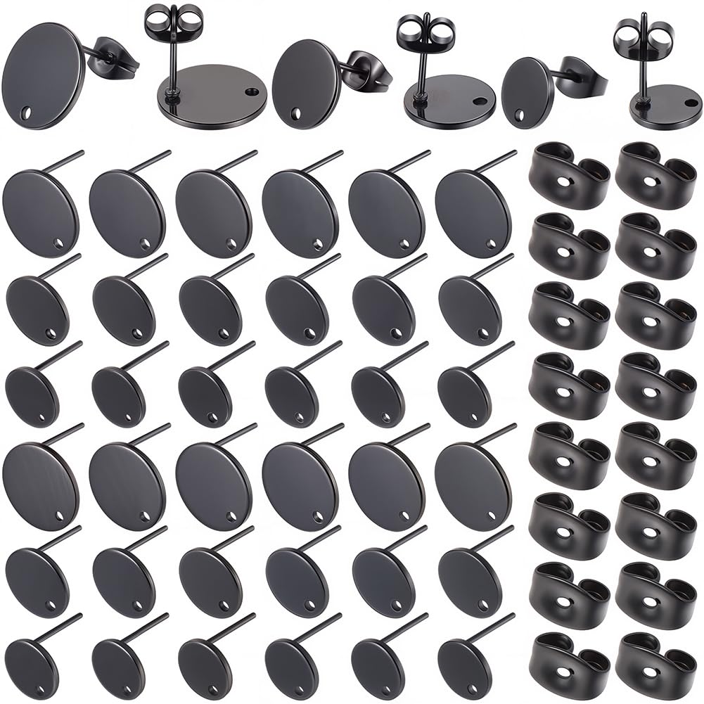 SOFPLATE 1 Box 36Pcs 3 Size Black Earring Posts Stainless Steel Stud Earring Findings Hypoallergenic Blank Earring Stud with Butterfly Ear Back and Loop Round Earring Posts for jewellery Making Suppli