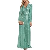 meilun Long Sleeve Sequin Dress for Women Formal Gowns Sparkly V Neck Maxi Dress