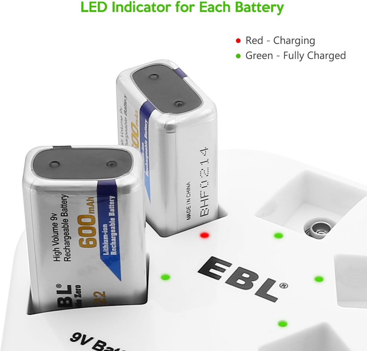 EBL 9V Batteries 5 Counts 600mAh 9V Liion Rechargeable Battery with 5