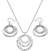 Hypoallergenic Silver Circle & Dangle Earrings and Necklace Set for Women Geometric Boho Style Hoop Jewelry for Women-Lightweight & Dangling-Gift for Bohemian Fashionistas
