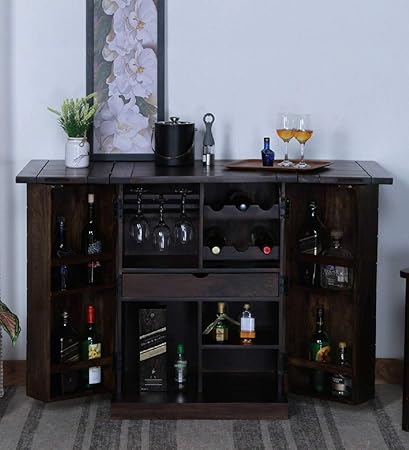 Ramdoot Furnituree Solid Sheesham Wood Bar Cabinet Rack Hard and Soft Drinks Storage Cabinets Sheesham Wood Furniture Wine Wisky Scotch All Type Drinks Wooden Bar Cabinet for Living Room | Black
