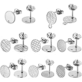 CRAFTYMELODY 8 Style Flat Round Earring Stud 32Pcs Stainless Steel Textured Blank Stud Earring Findings with Loop Ear Back for Women DIY Dangle Jewelry Making Accessories Supplies