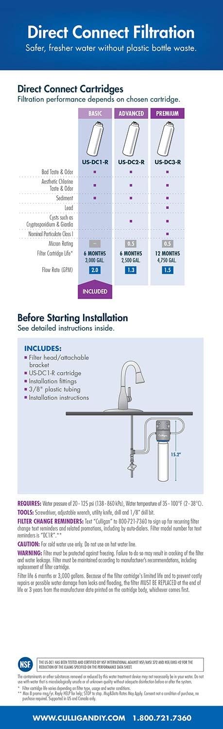 CULLIGAN US-DC3 Under Sink Direct Connect Premium Lead Filtration System, White - - 