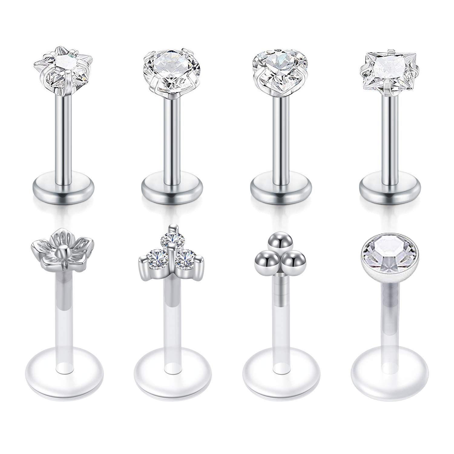 VFUN 16G Stainless Steel Diamond CZ Tragus Earring Bioflex Clear Lip Retainer Labret Stud Piercing Lip Rings Helix Earrings 8PCS