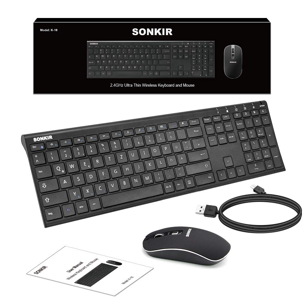 Sonkir Tastatur und Maus, K-18 2,4GHz ultradünne wiederaufladbare Aluminium-Tastatur in voller Größe für Windows, Laptop, PC, Notebook (Schwarz)