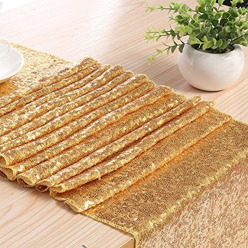 Meijuner 3MM Sequin Table Runners 14 Inch Width By 108 Inch Length Glitter Gold Table Runner Party Supplies Fabric Decorations For Wedding Birthday Baby Shower