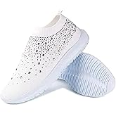 AngryMonkey Women's Rhinestones Mesh Sport Slip-on Shoes,Non Slip Good Arch Breathable Lightweight Casual Sock Sneaker Nurse Shoes (9,White,9)