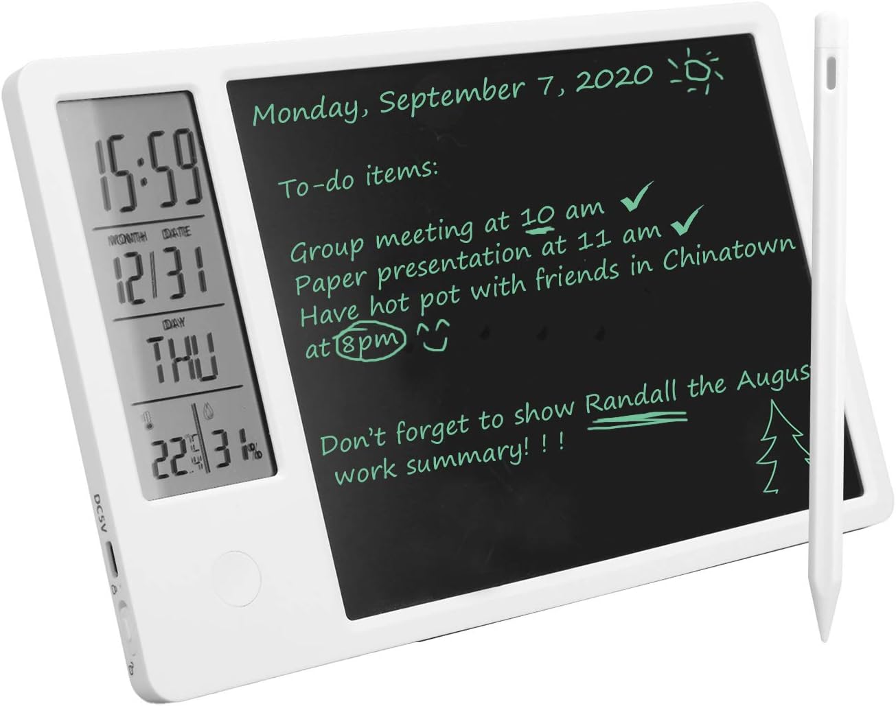 LCD Writing Tablet with Stylus, Desktop Electronic Calendar LCD Handwriting Board Type-C Rechargeable Digital Display Notepad with Alarm Function, for Schools, Offices, Homes