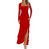BORIFLORS Women's Bodycon Ruched Mesh Long Sleeve Maxi Dress Mermaid Ruffle Formal Cocktail Party Long Dresses